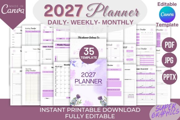 Editable 2027 Canva planner template for KDP with calendar goals and trackers