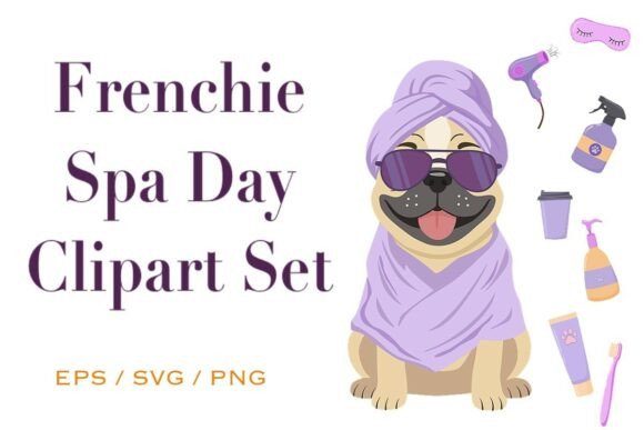 Frenchie spa day clipart set with cucumber eyes and bubble bath for sublimation mugs