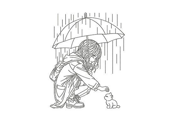 Girl with Umbrella and Cat