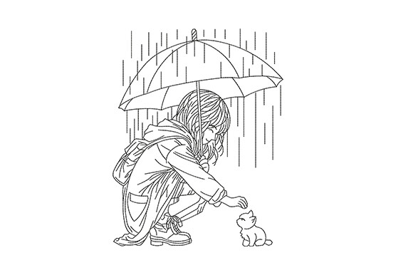 Girl with Umbrella and Cat