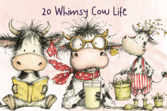Storybook Whimsy Cow Clipart Set Graphic AI Generated By giraffecreativestudio