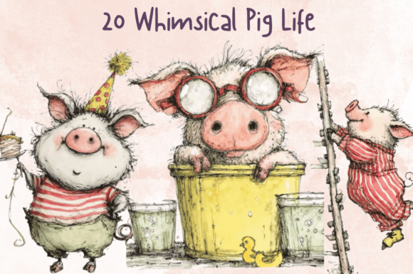 Storybook Whimsy Pig Life Clipart Set Gráfico Generado por IA Por giraffecreativestudio