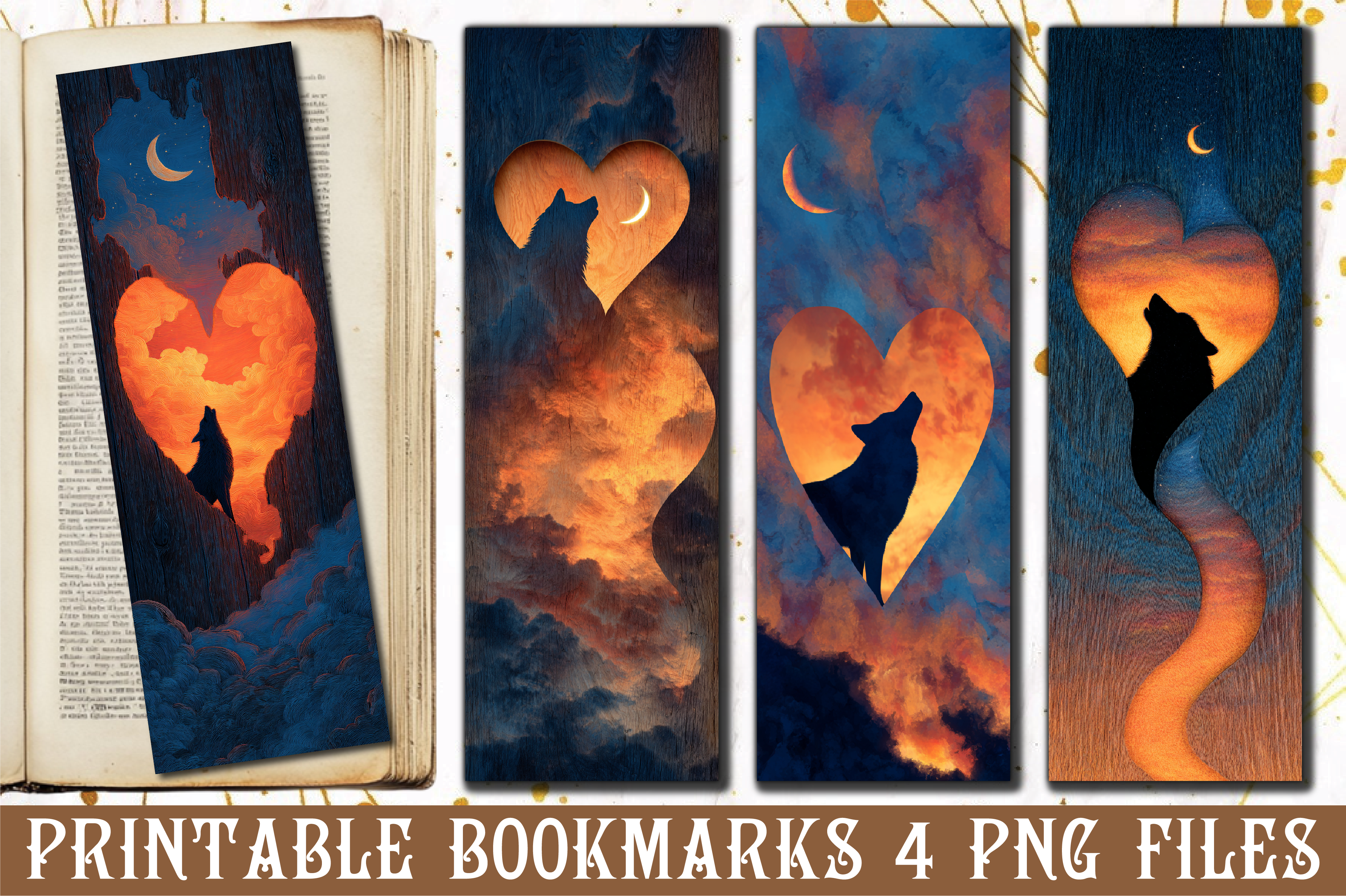 Sunset Heart Silhouette Wolf Bookmark