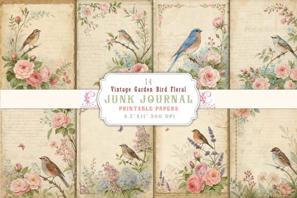 Vintage Garden Bird Floral Junk Journal Grafik Hintegründe Von Craftfiles-SVG