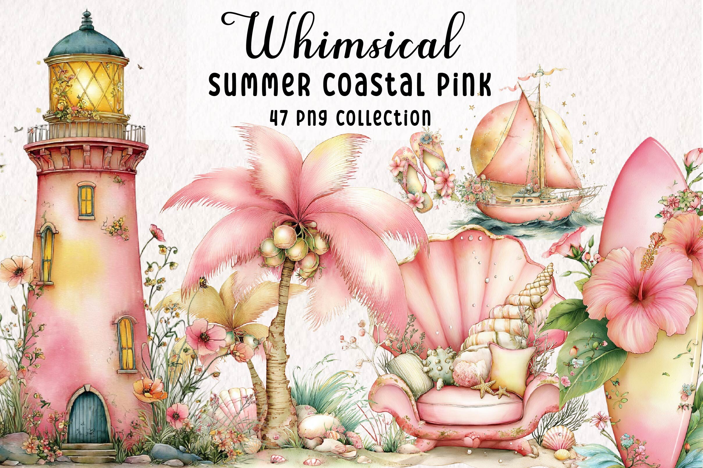 Whimsical Summer Coastal Pink Clipart Graphic by Print Magic · Creative ...