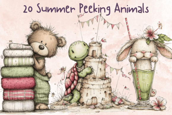 Whimsical Summer Peeking Animals Clipart Graphic AI Generated By giraffecreativestudio