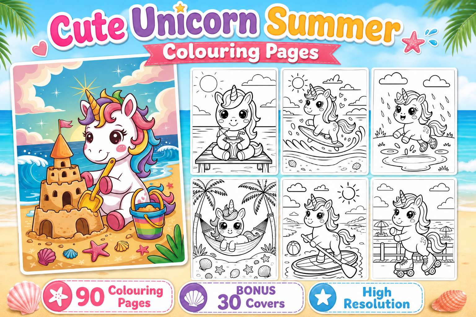 Cute Unicorn Summer Colouring Pages