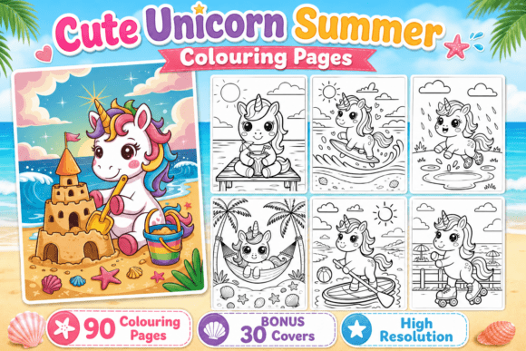 Preview of Cute Unicorn Summer Colouring Pages coloring pages for kids
