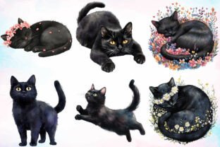 Watercolor Floral Black Cat Clipart Graphic by Lazy Panda · Creative ...