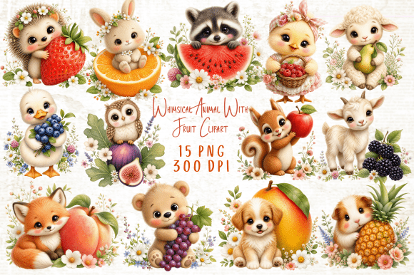 Whimsical Animal with Fruit Clipart PNG Graphic AI Illustrations By Yassou Bouhad