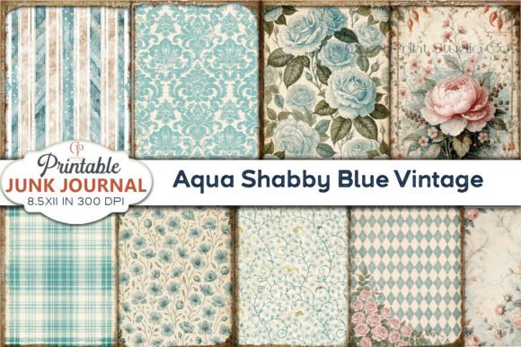 Aqua Shabby Blue Vintage Junk Journal Graphic Backgrounds By CozyPrint Studio Co