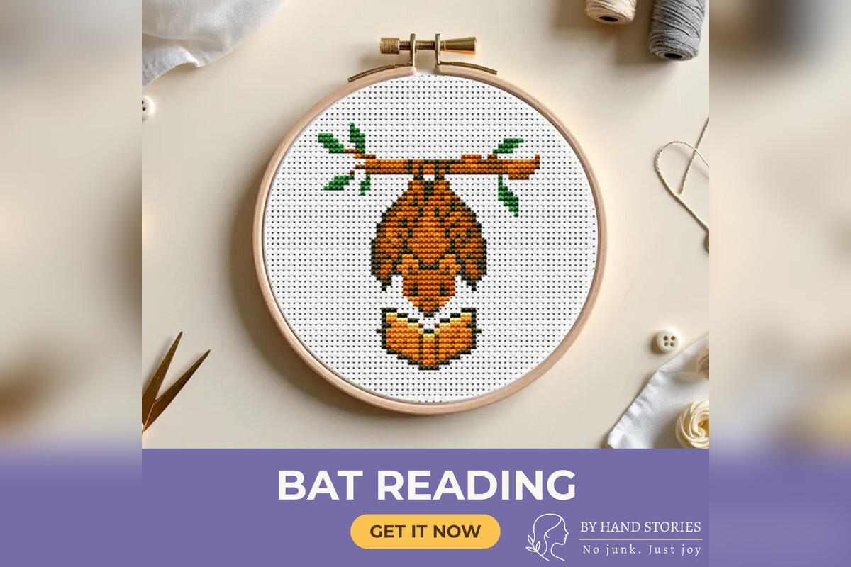 Bat Reading Cross Stitch Pattern PDF