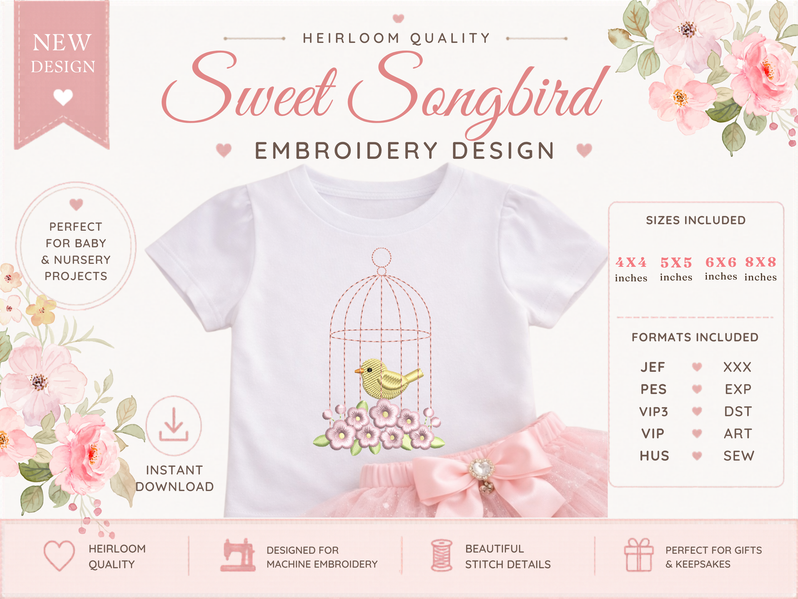 Birdcage Floral Embroidery Design