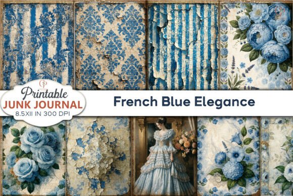 French Blue Elegance Junk Journal Pages Grafik Hintegründe Von CozyPrint Studio Co