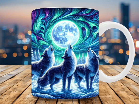 Northern Lights Howling Wolf Mug Wrap Graphics