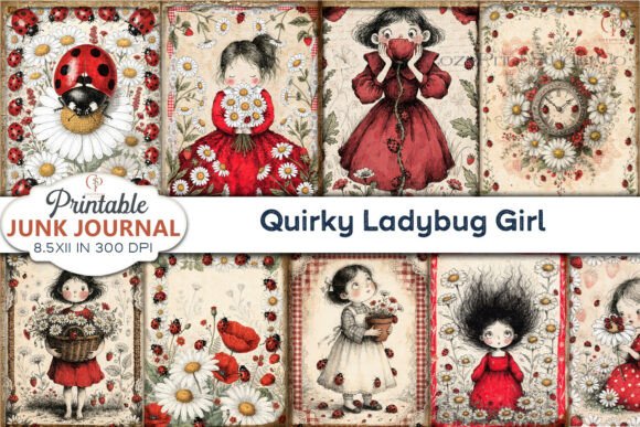 Quirky Ladybug Girl Junk Journal Pages Illustration Fonds d'Écran Par CozyPrint Studio Co