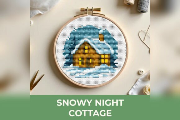 Snowy Night Cottage Cross Stitch Pattern