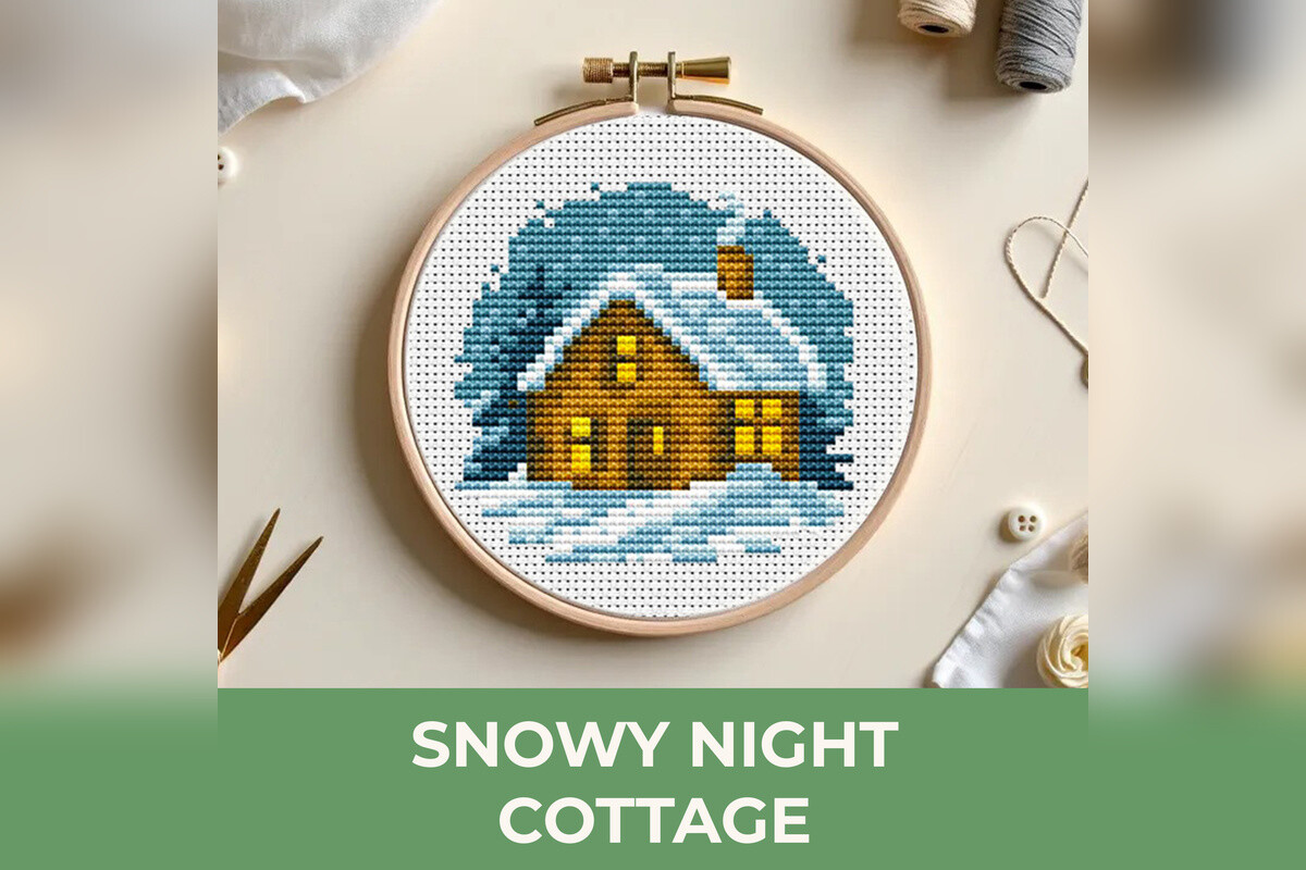 Snowy Night Cottage Cross Stitch Pattern