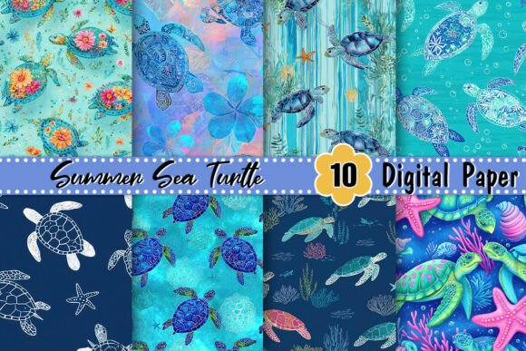 Summer Sea Turtle Digital Paper Gráfico Patrones de Papel Por Artistic Garden