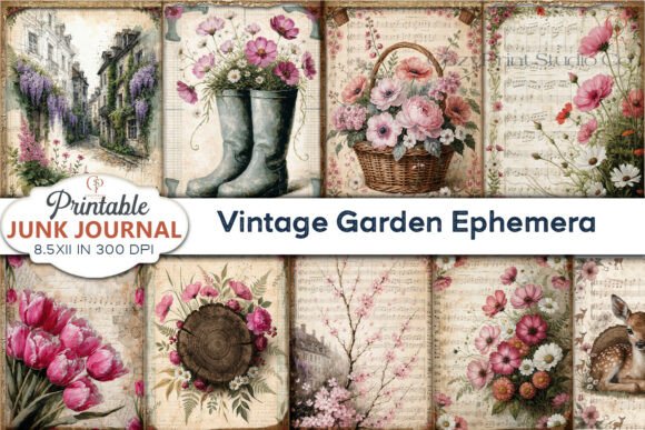 Vintage Garden Ephemera Junk Journal Graphic Backgrounds By CozyPrint Studio Co