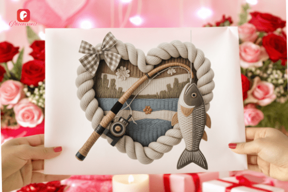Yarn Crochet Lake Fishing Heart PNG