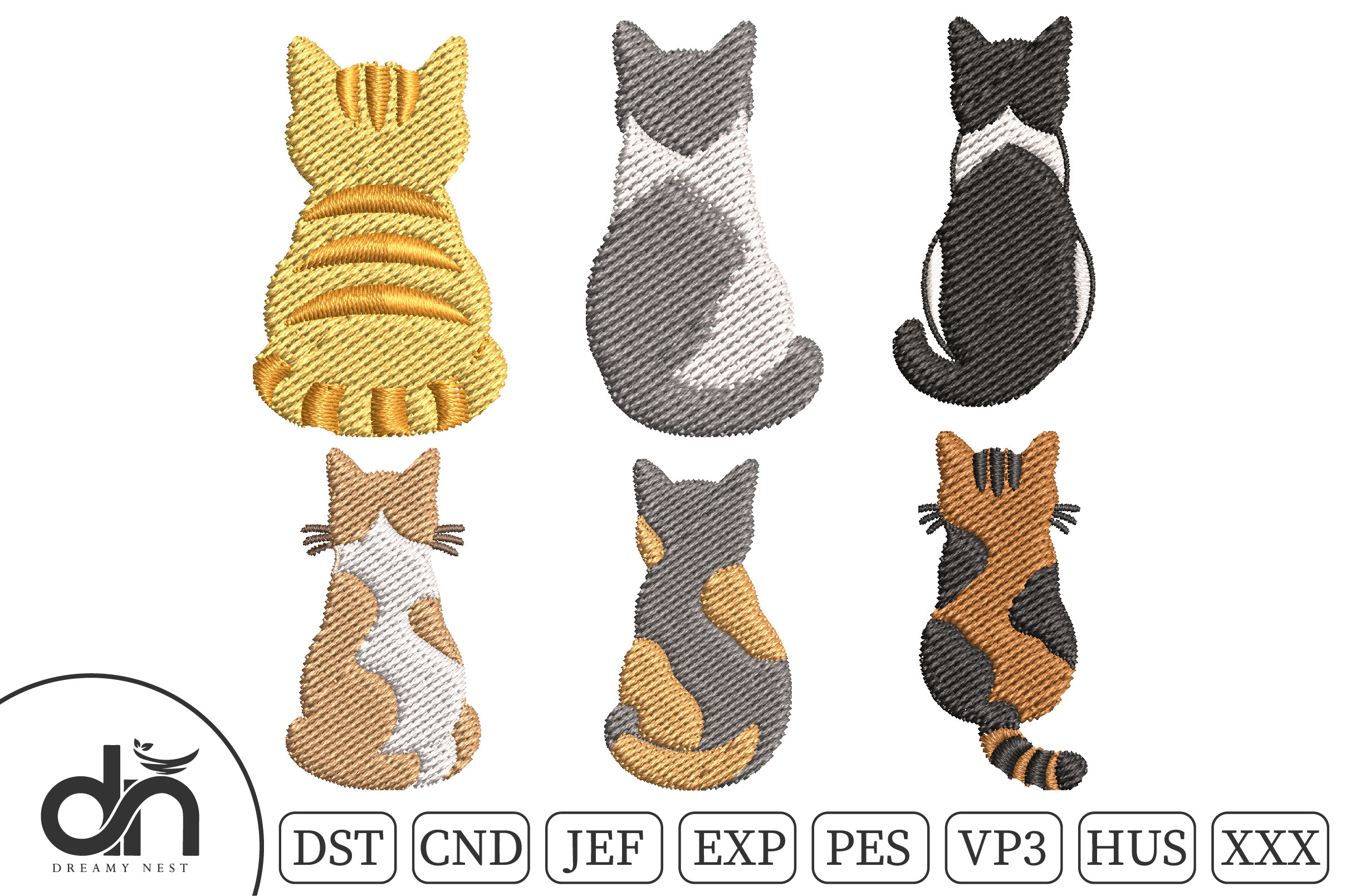 6 Cats Back Silhouette Embroidery