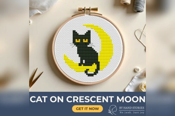 Cat on Crescent Moon Cross Stitch Patter