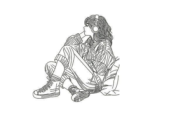 Cozy Girl Listening Music (Outline Only)