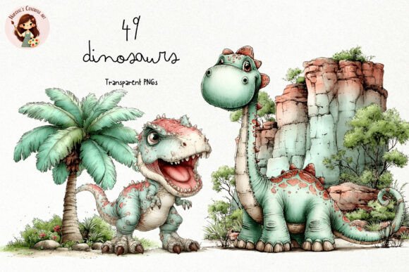 Cute Dinosaur Watercolor PNG Clipart Set Grafica Illustrazioni Stampabili Di Nicolle's Colorful Art
