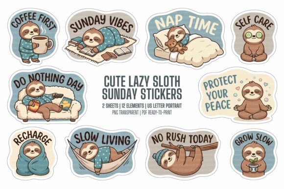 Cute Lazy Sloth Sunday Stickers