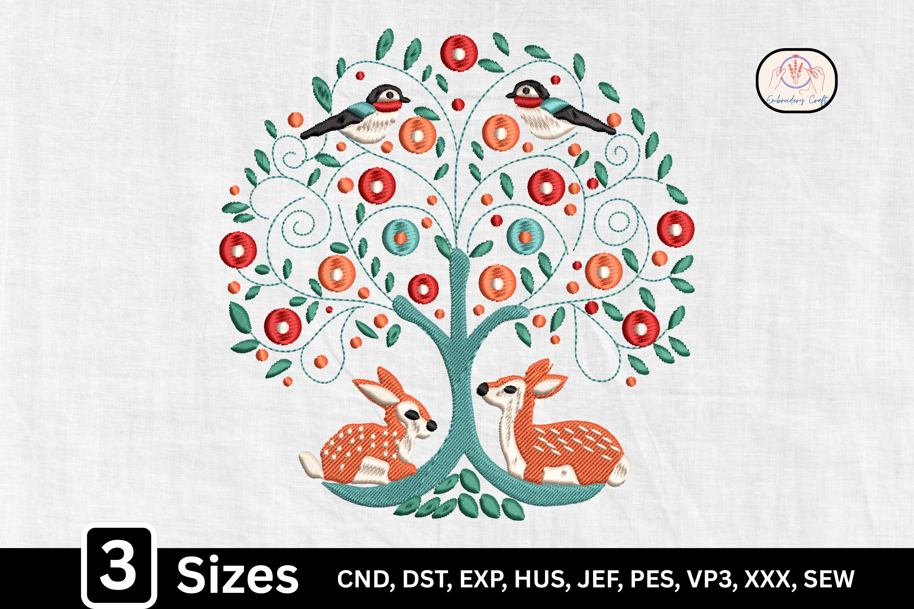 Forest Animal Deer Bird Folk Art Tree