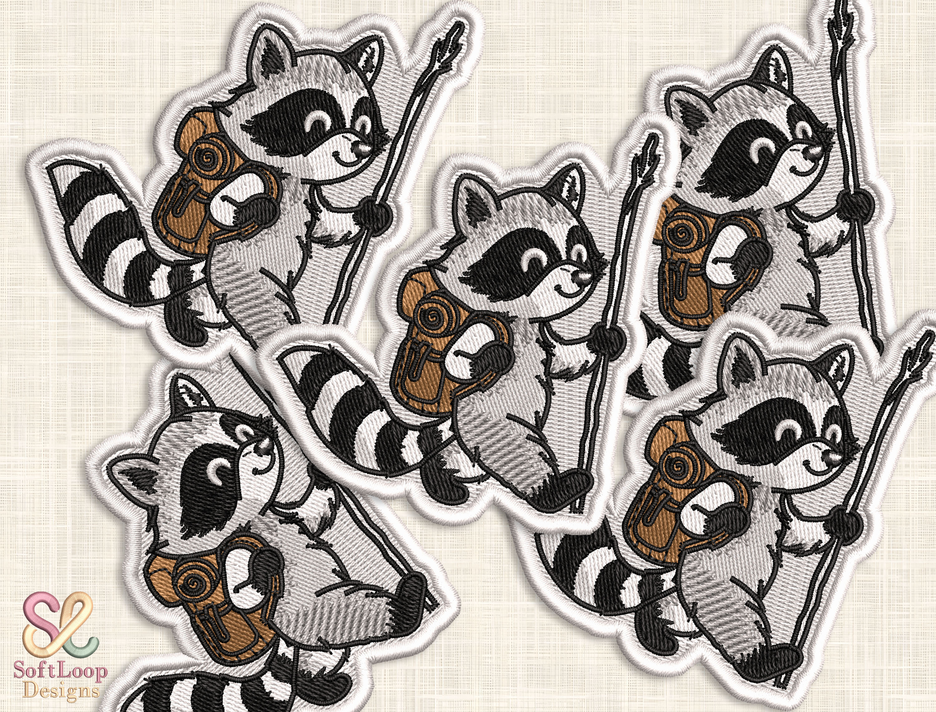 HIKING RACCOON Patch Embroidery Design
