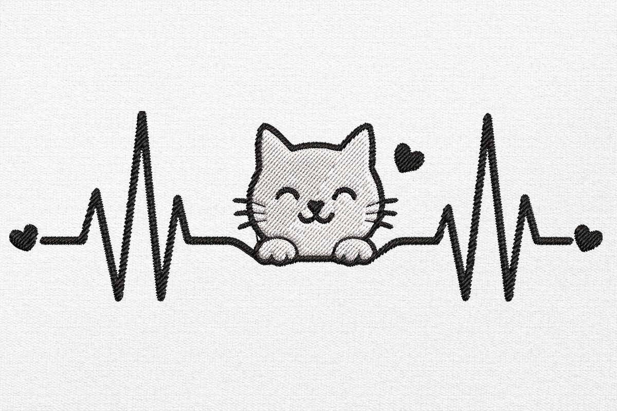 Smiling Cat Heartbeat Embroidery