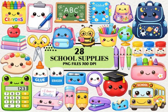 Kawaii School Supplies Stickers Clipart Graphic Illustrations By Artistic Garden