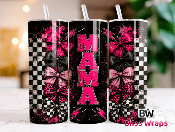 Mama Pink Bow Checkered Tumbler Wrap