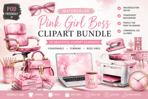 Pink Girl Boss Clipart Bundle Graphic Print Templates By lizballew