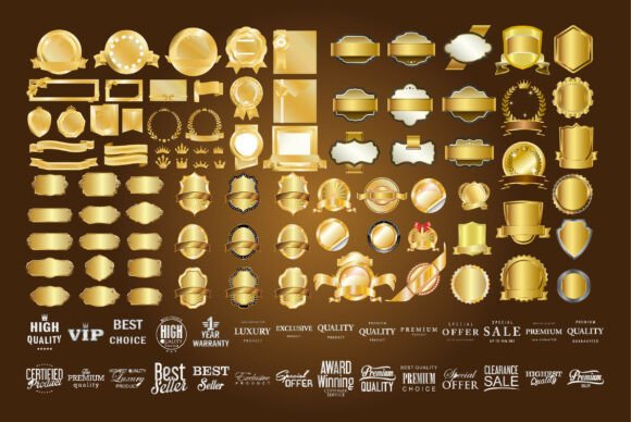 SVG Golden Badges Ribbons Shields Seals