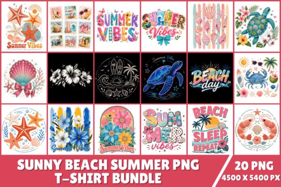 Preview of Sunny Beach Summer PNG T-Shirt Bundle T-shirt, sticker, and sublimation design
