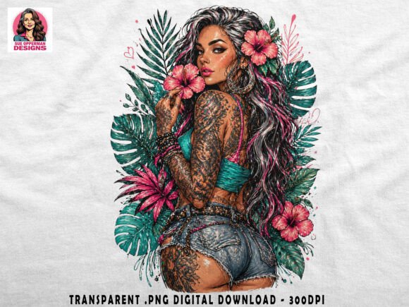 Tattooed Tropical Beauty | Retro PNG Grafik Druckbare Illustrationen Von Sue Opperman Designs