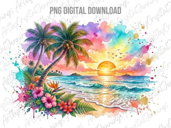 Tropical Sunset Beach Watercolor PNG Illustration Illustrations Imprimables Par ArtbyCrystalJennings