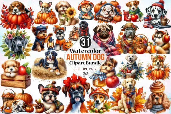 watercolor autumn dog clipart bundle PNG for sublimation pet products and tumblers