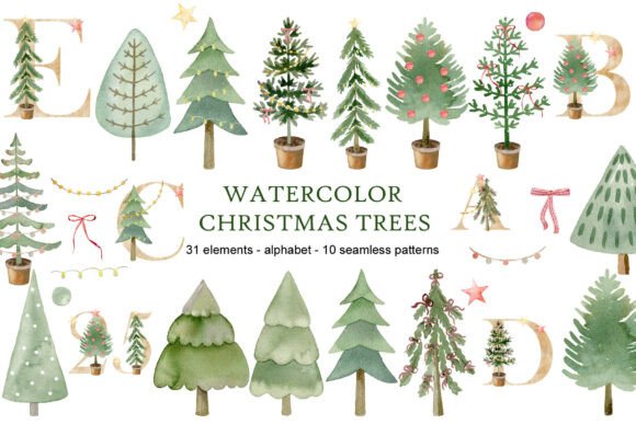 Watercolor Christmas Trees Clipart. Grafik Druckbare Illustrationen Von tapilipa