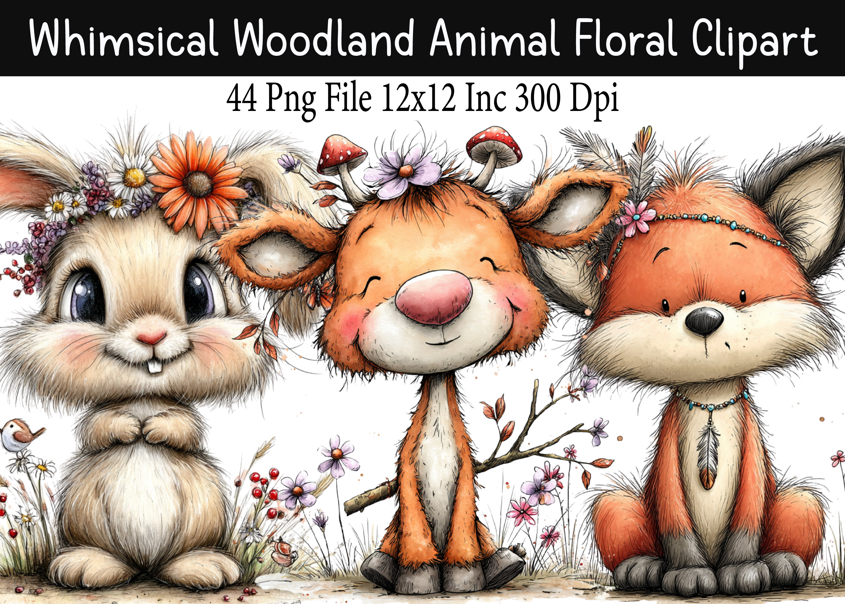 Whimsical Woodland Animal Floral Clipart Graphic by Creative Design ...