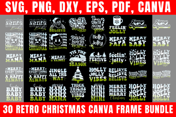 30 Retro Christmas Canva Frame Bundle for holiday graphics