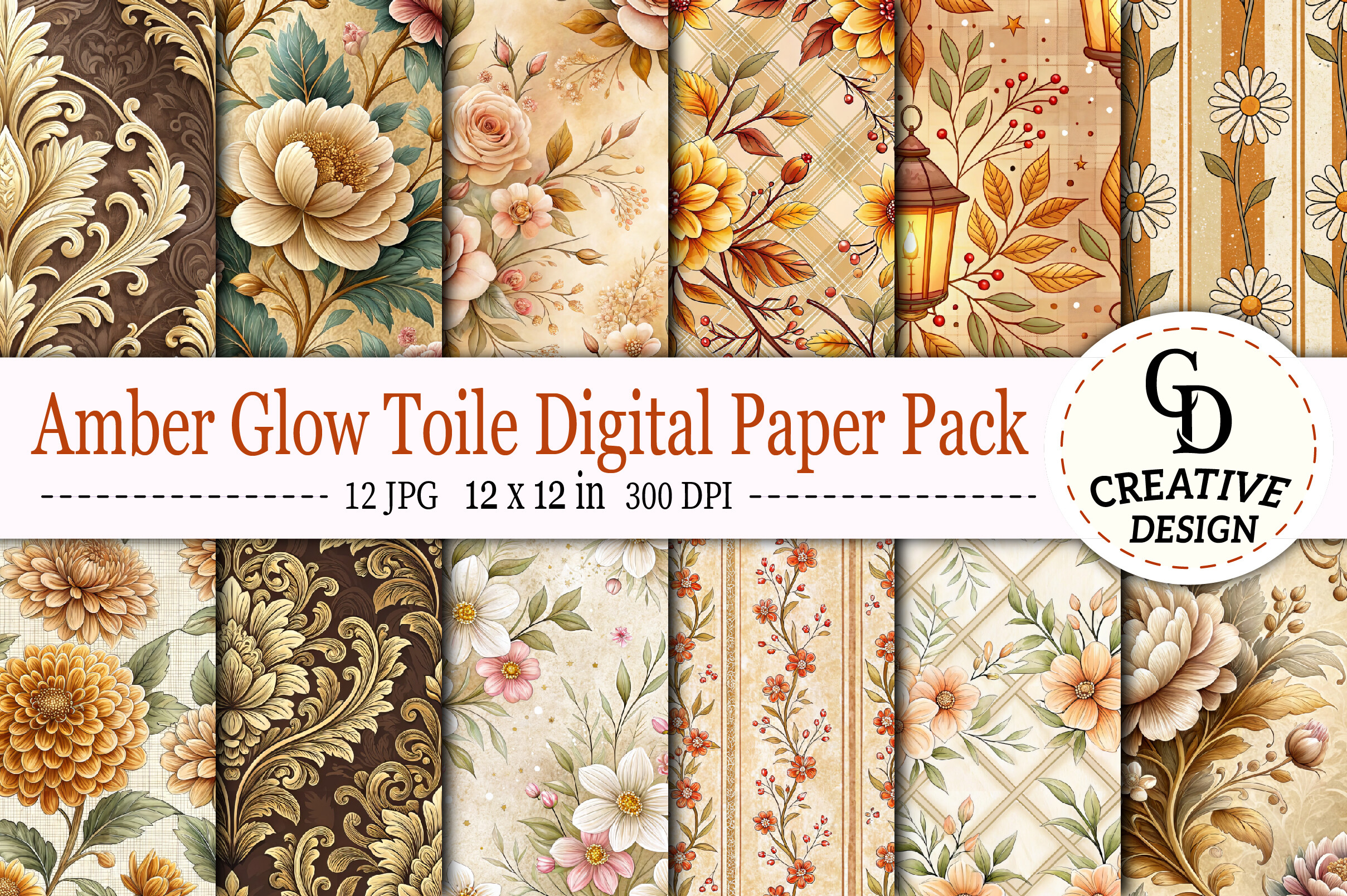 Amber Glow Toile Digital Paper Pack Graphic by Creative Design ...