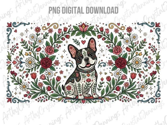 Boho Frenchie folk art floral PNG with vintage muted blue and lilac palette