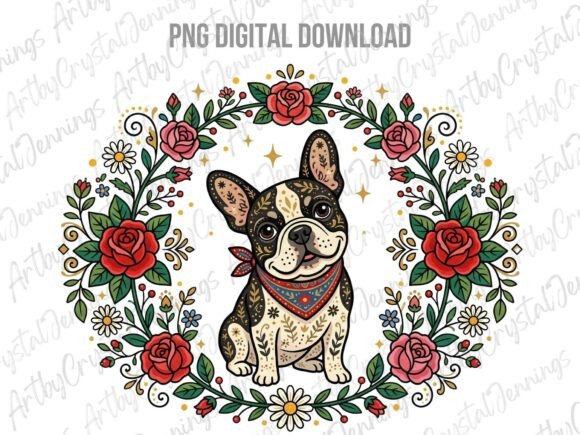 Boho Frenchie folk art floral wreath PNG with muted lilac and sage palette
