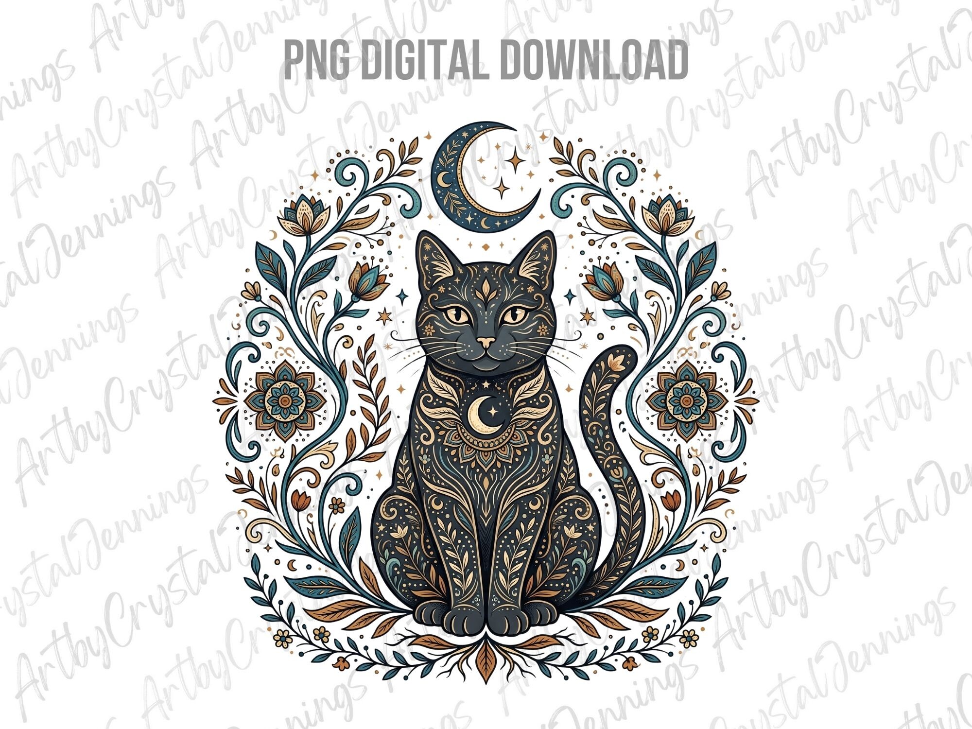 Celestial Floral Mystic Cat Animal PNG