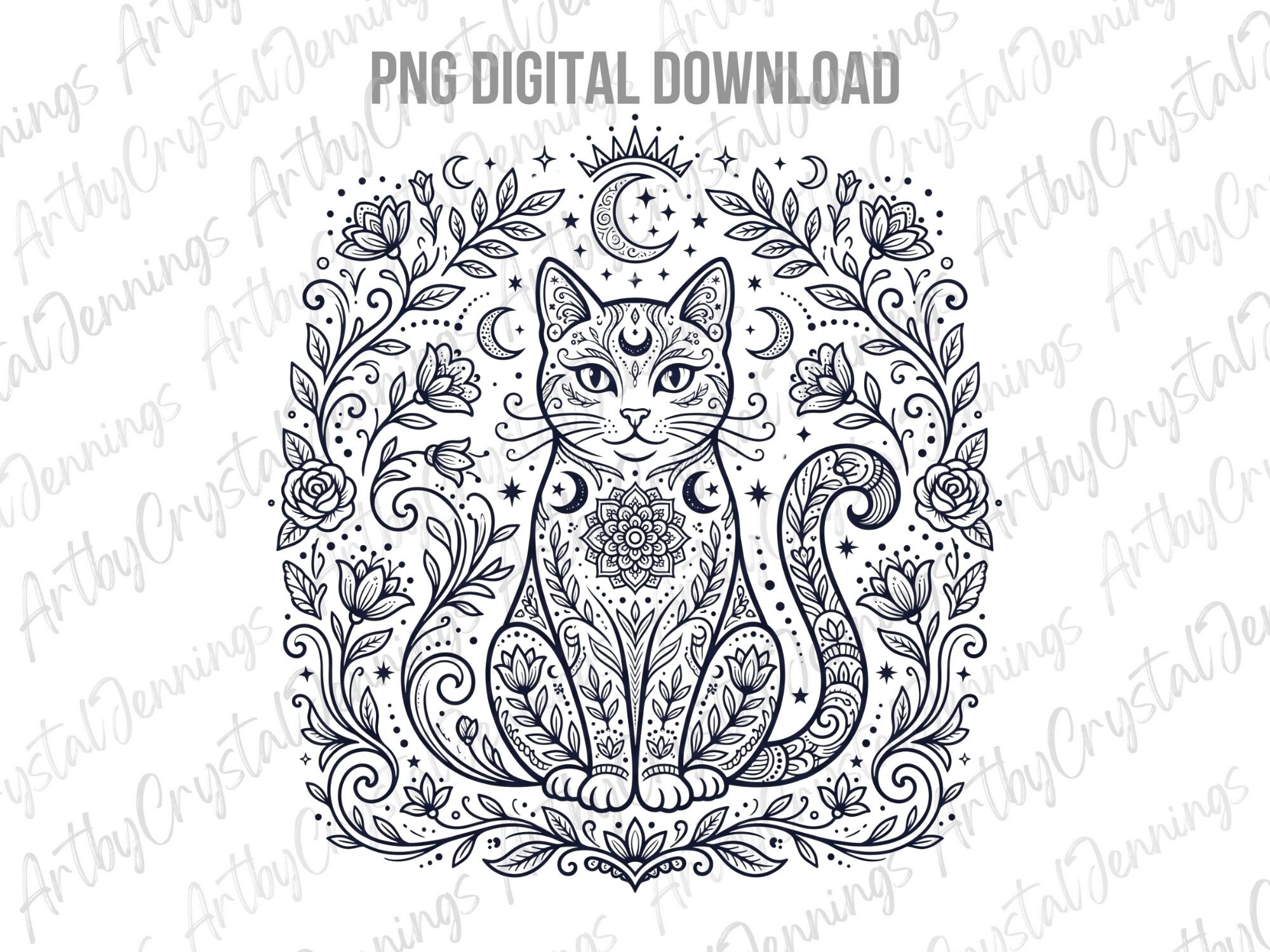 Celestial Mystical Cat Line Art PNG Graphic by ArtbyCrystalJennings ...