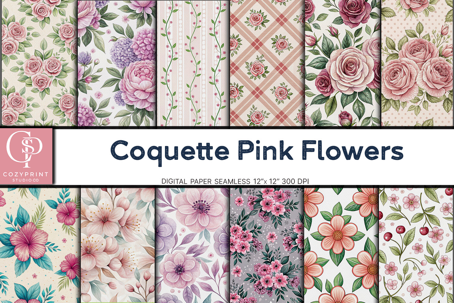 Coquette Pink Flowers Digital Paper Graphic by CozyPrint Studio Co ...